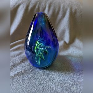 Art Glass Helix Blue and Green Swirls Egg Shaped 4.5" Paperweight